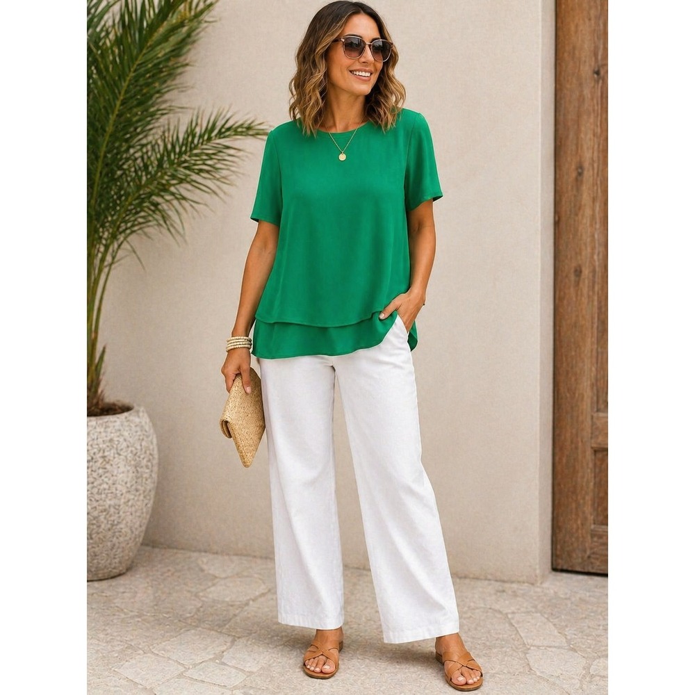 Green Flowy Blouse Coastal Grandma Resort‎ Top Lightweight Tunic L